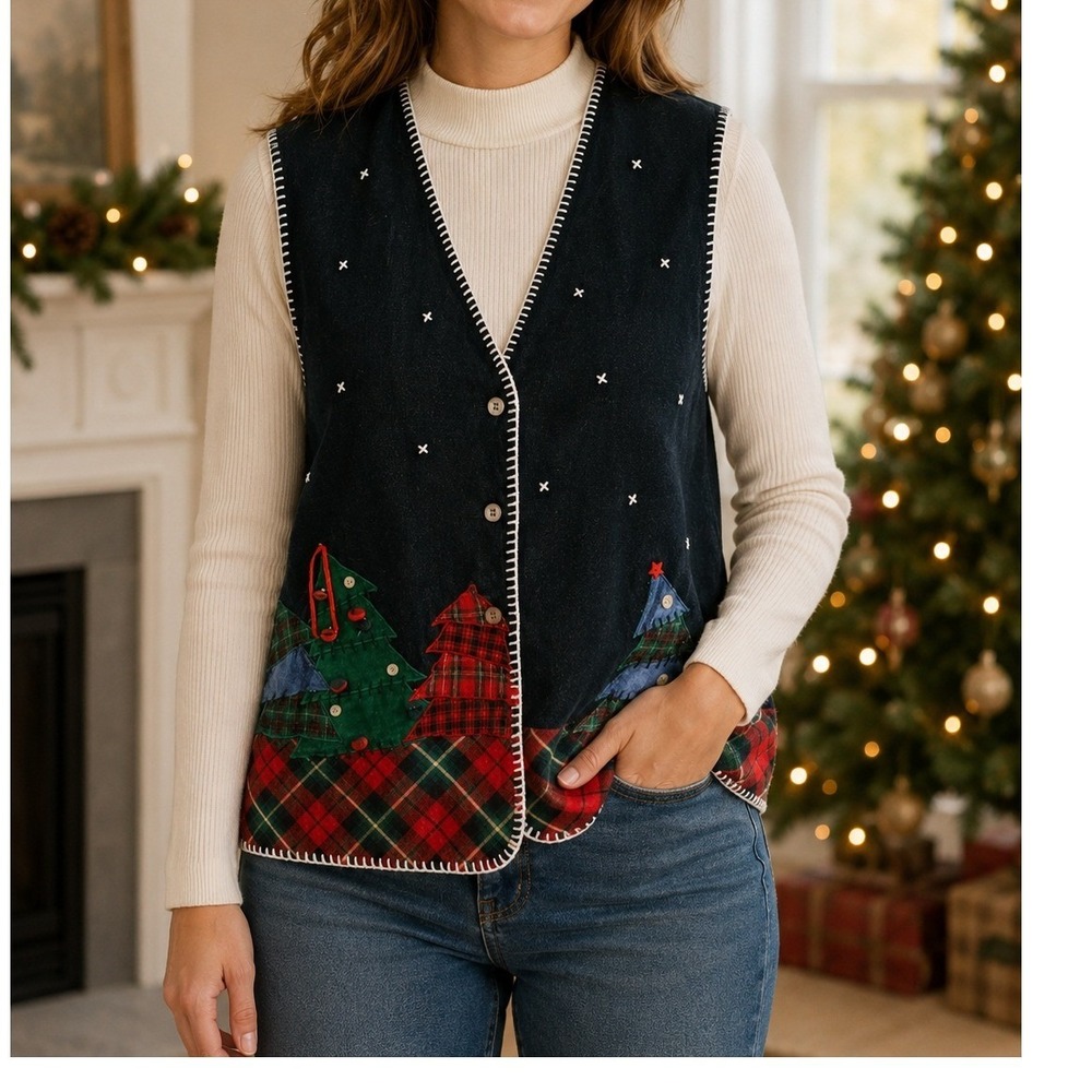 Susan Bristol Vintage Christmas Vest Corduroy Plaid Patchwork Trees Black L